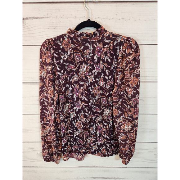 Loft Women's Maroon Floral Long Sleeve Mock Neck Half Button Blouse Size XS - Picture 2 of 6